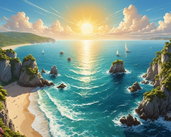Coastal Sunrise Over Tranquil Ocean and Sailboats