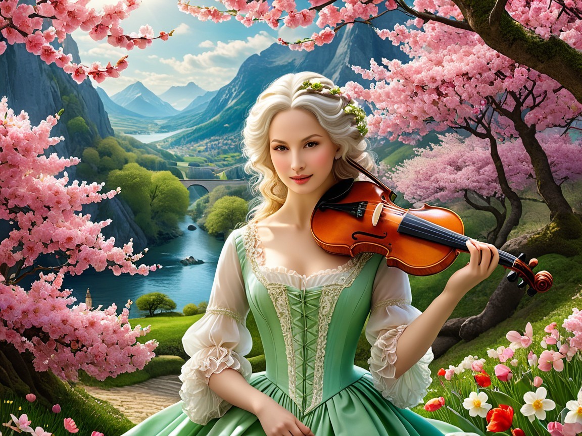Woman in Green Dress Playing Violin by Lake and Blossoms