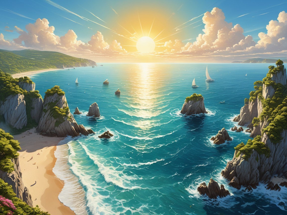 Coastal Sunrise Over Tranquil Ocean and Sailboats