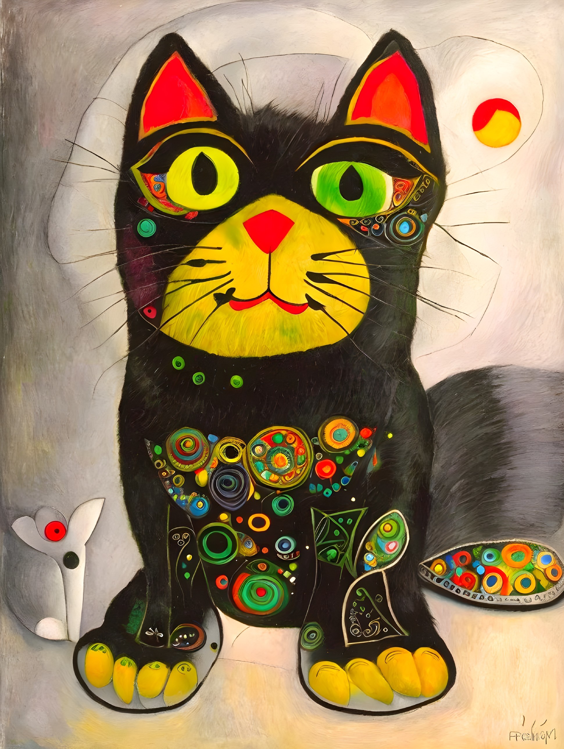 Whimsical Painting of a Black Cat and White Mouse