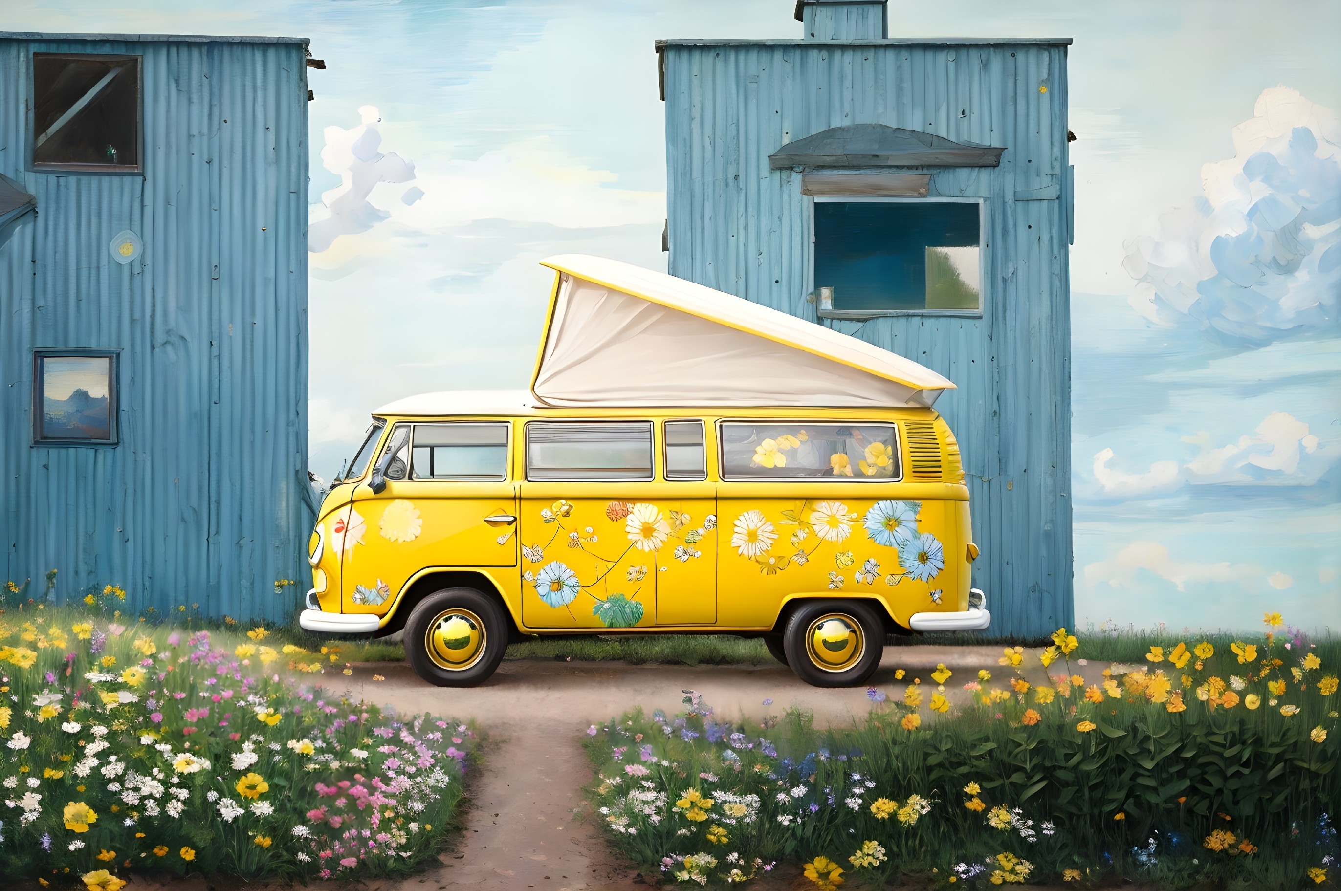 Cheerful yellow vintage camper van in a floral garden