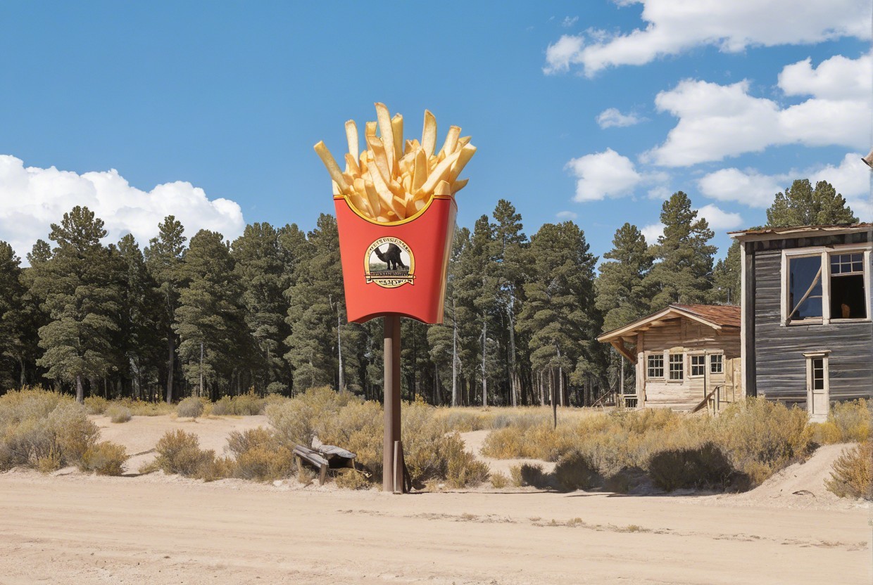 Giant Red Cup with Golden French Fries in Rural Landscape