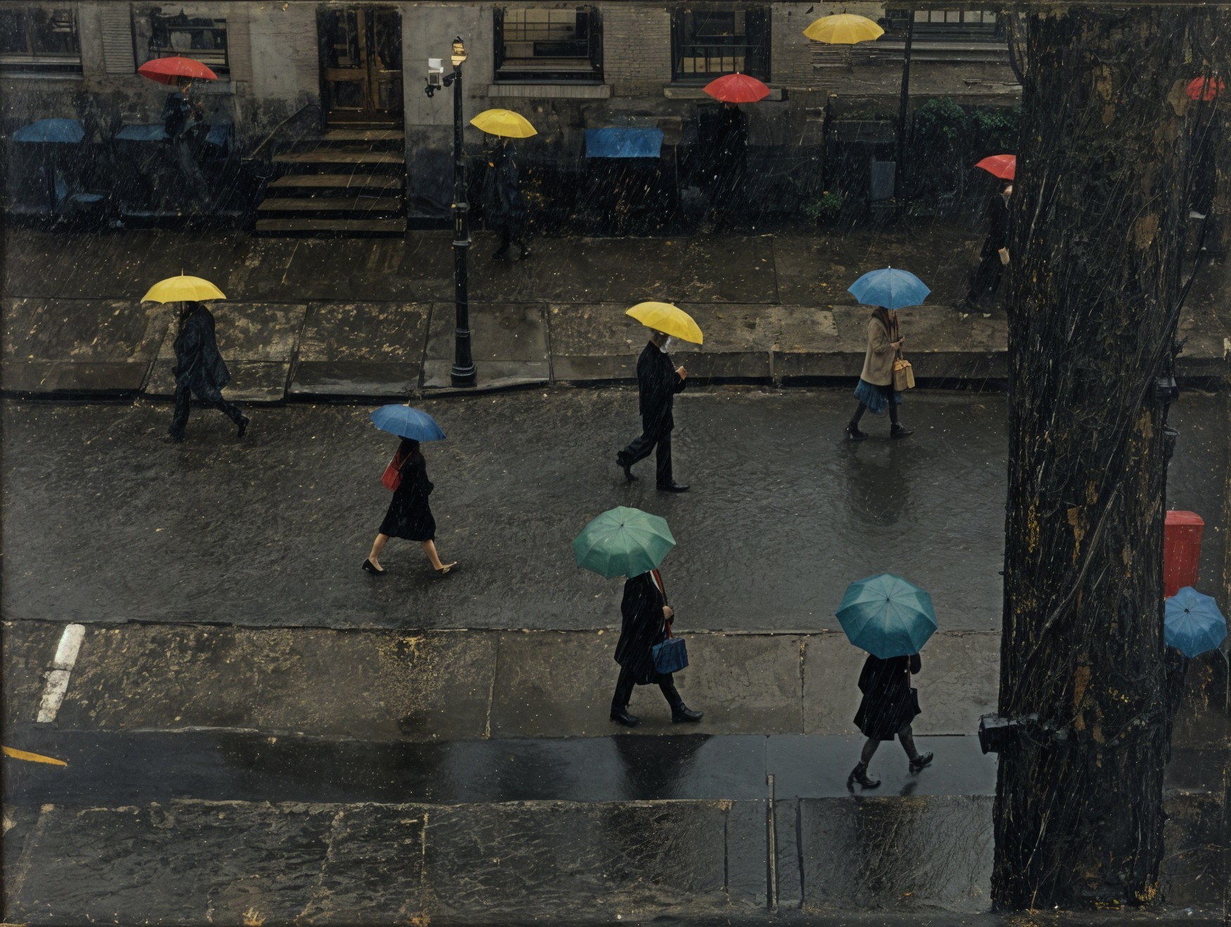 Busy city street with pedestrians and colorful umbrellas