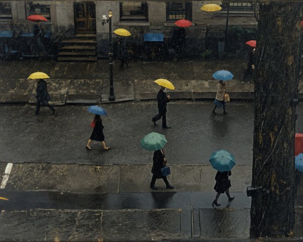 Busy city street with pedestrians and colorful umbrellas