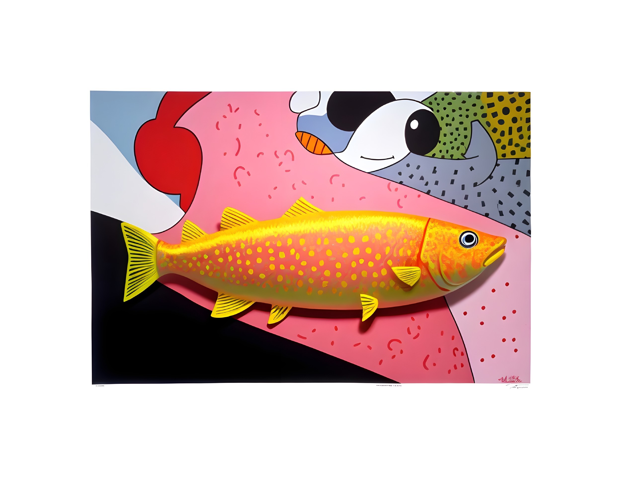 Vivid Yellow Fish Artwork with Abstract Shapes