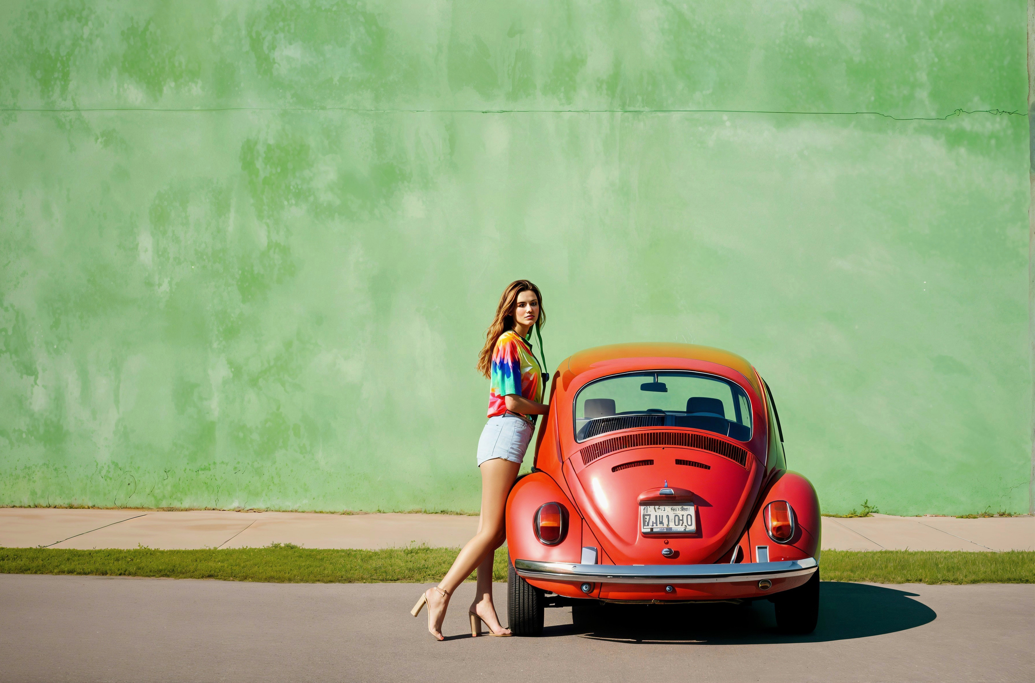 Young woman in tie-dye shirt by orange Beetle car