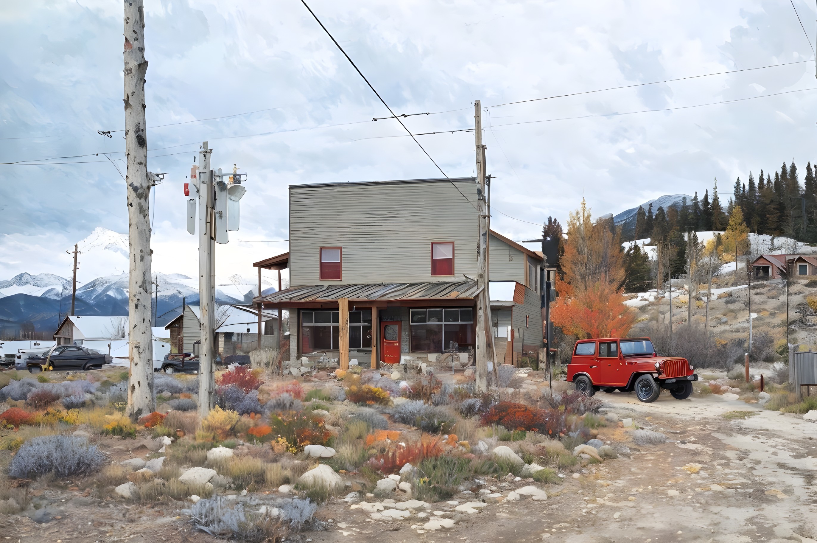 Quaint Two-Story Building in Rural Autumn Landscape