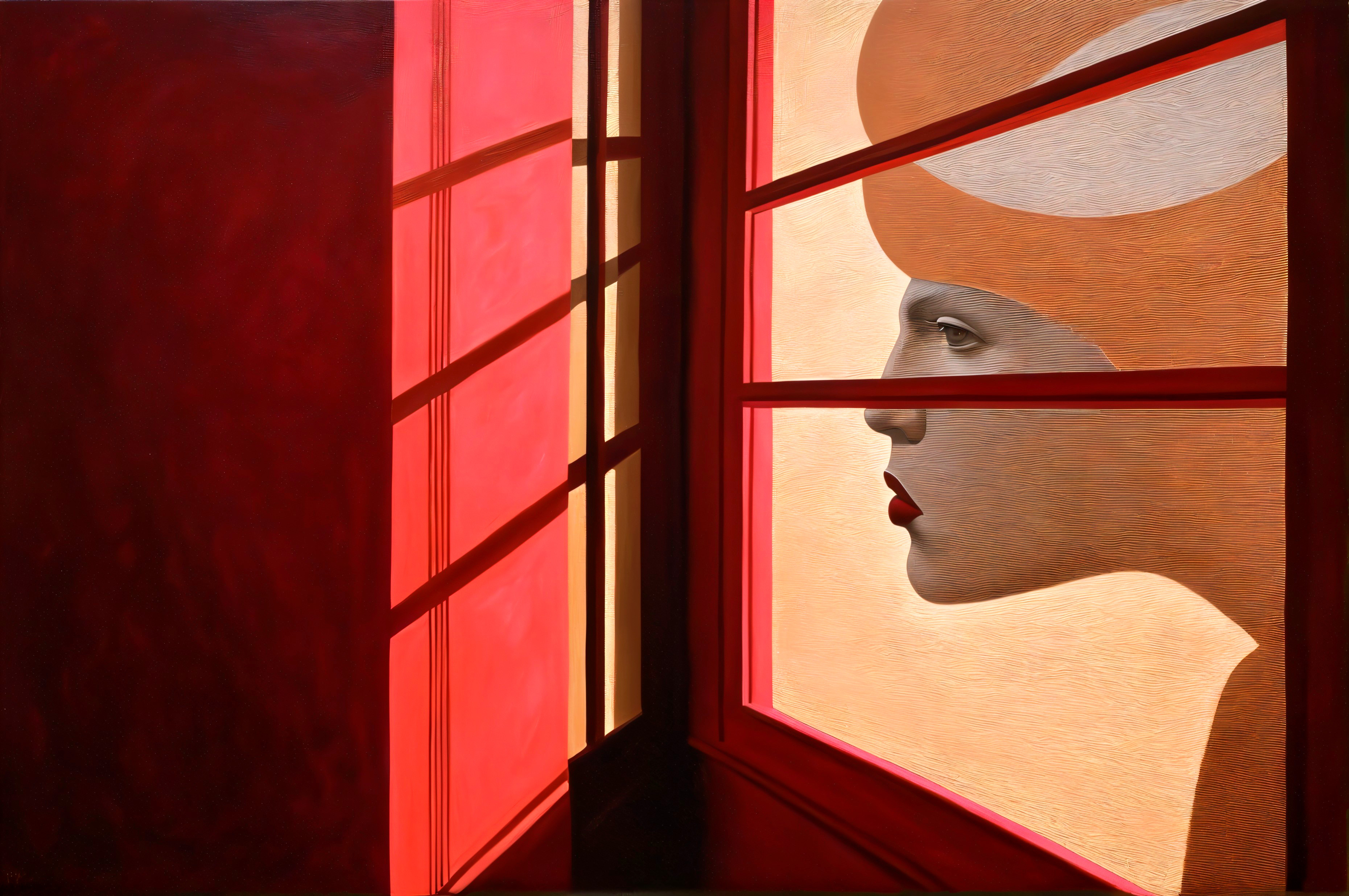 Stylized Woman's Profile in a Framed Window Scene