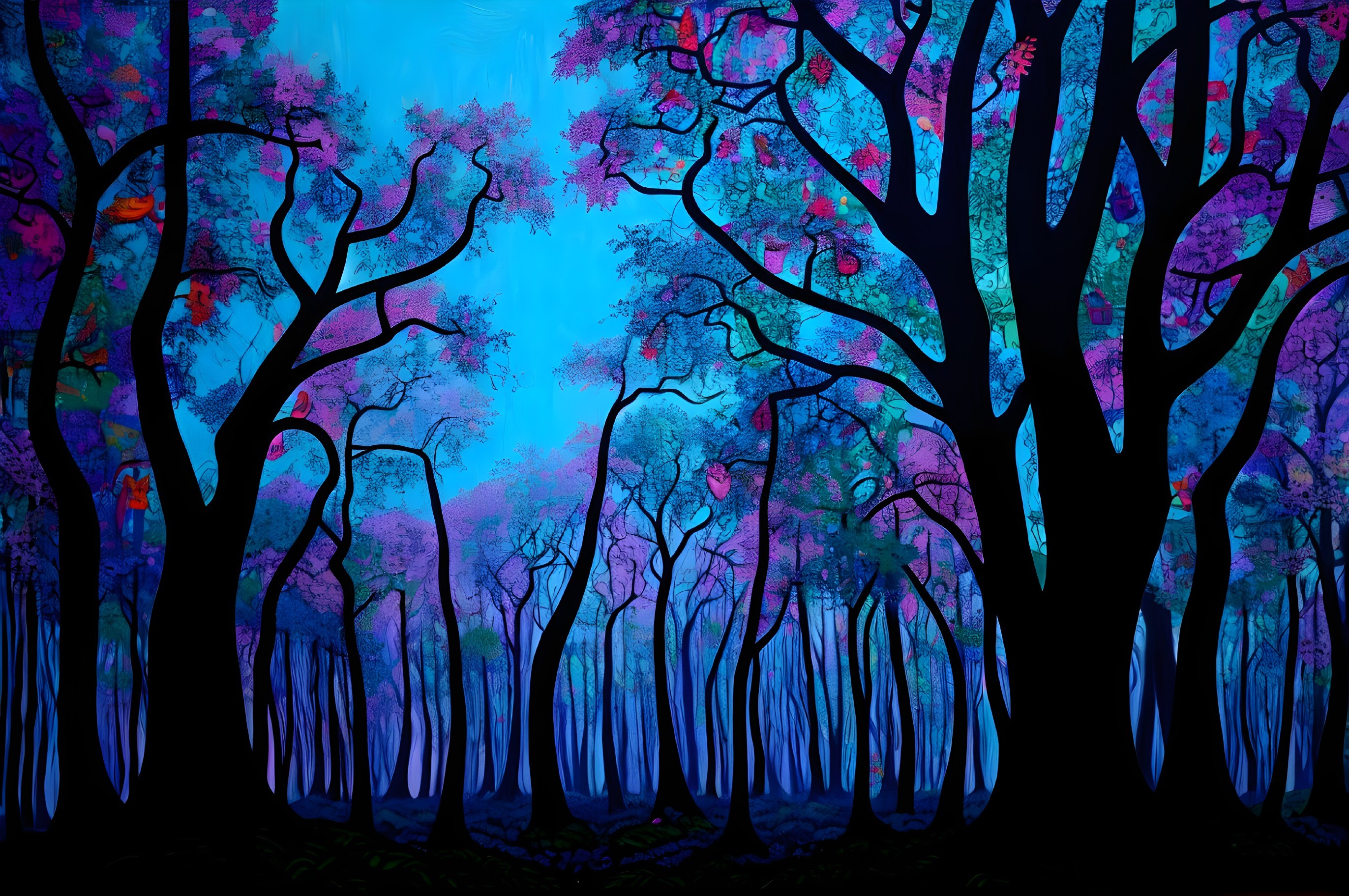 Colorful whimsical forest digital art on radiant blue background