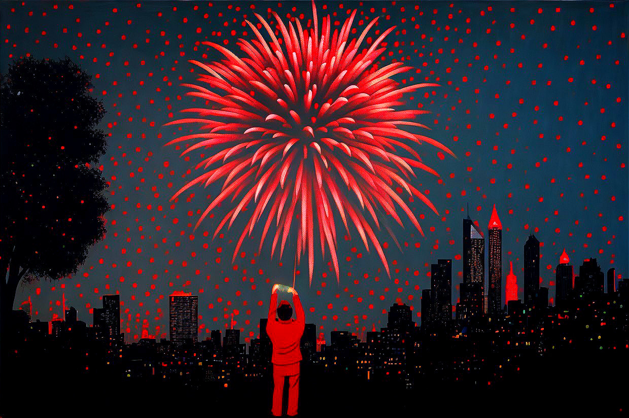 Silhouette Against Skyline with Fireworks Display
