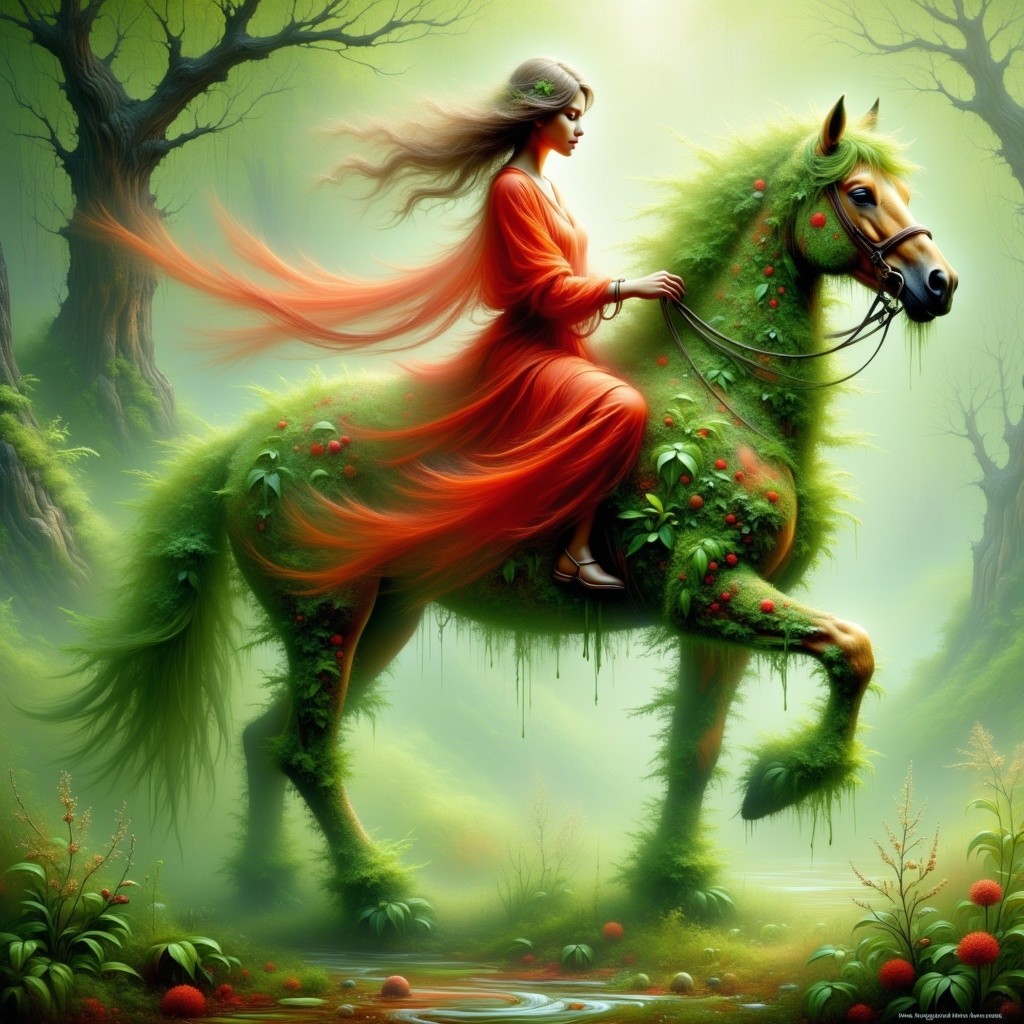 Woman in Orange Gown Riding Moss-Covered Horse
