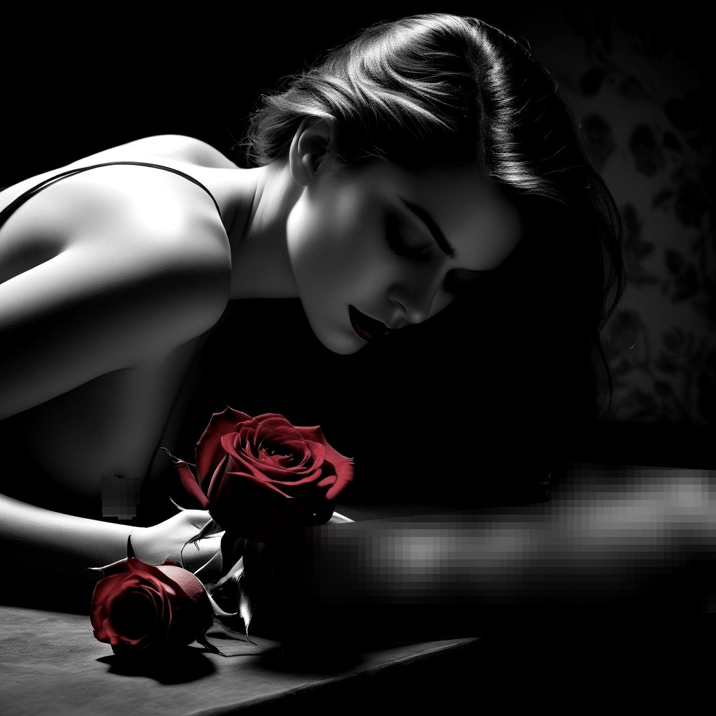 Black-and-white portrait of a woman with roses