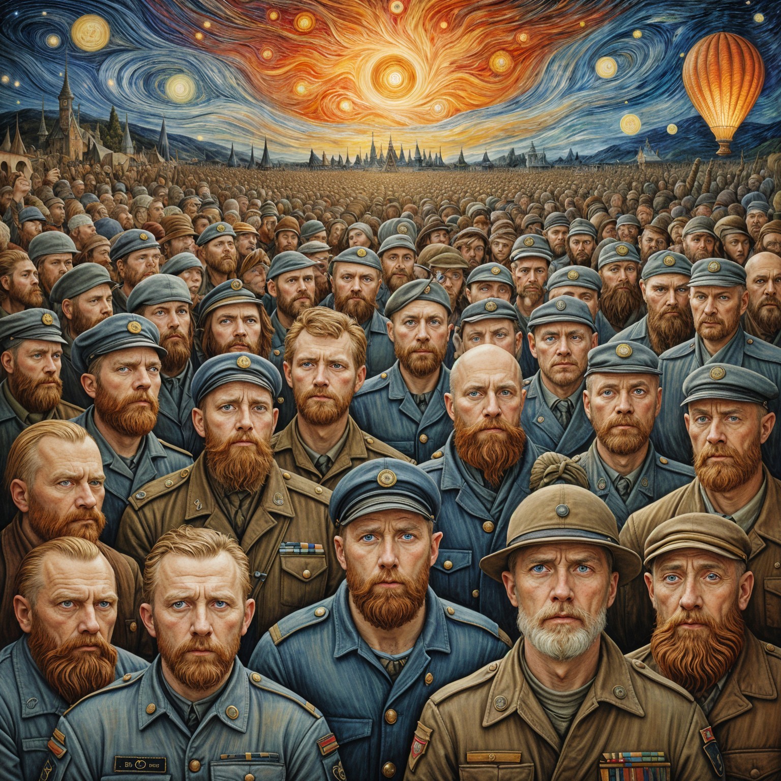 Military Assembly Under a Starry Surreal Sky