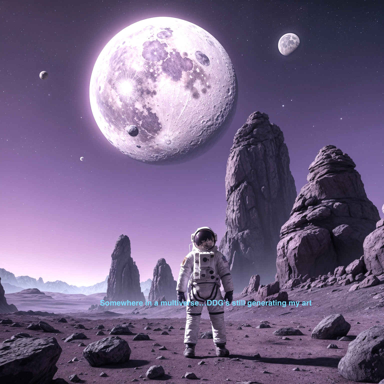 Astronaut on Otherworldly Landscape with Celestial Bodies
