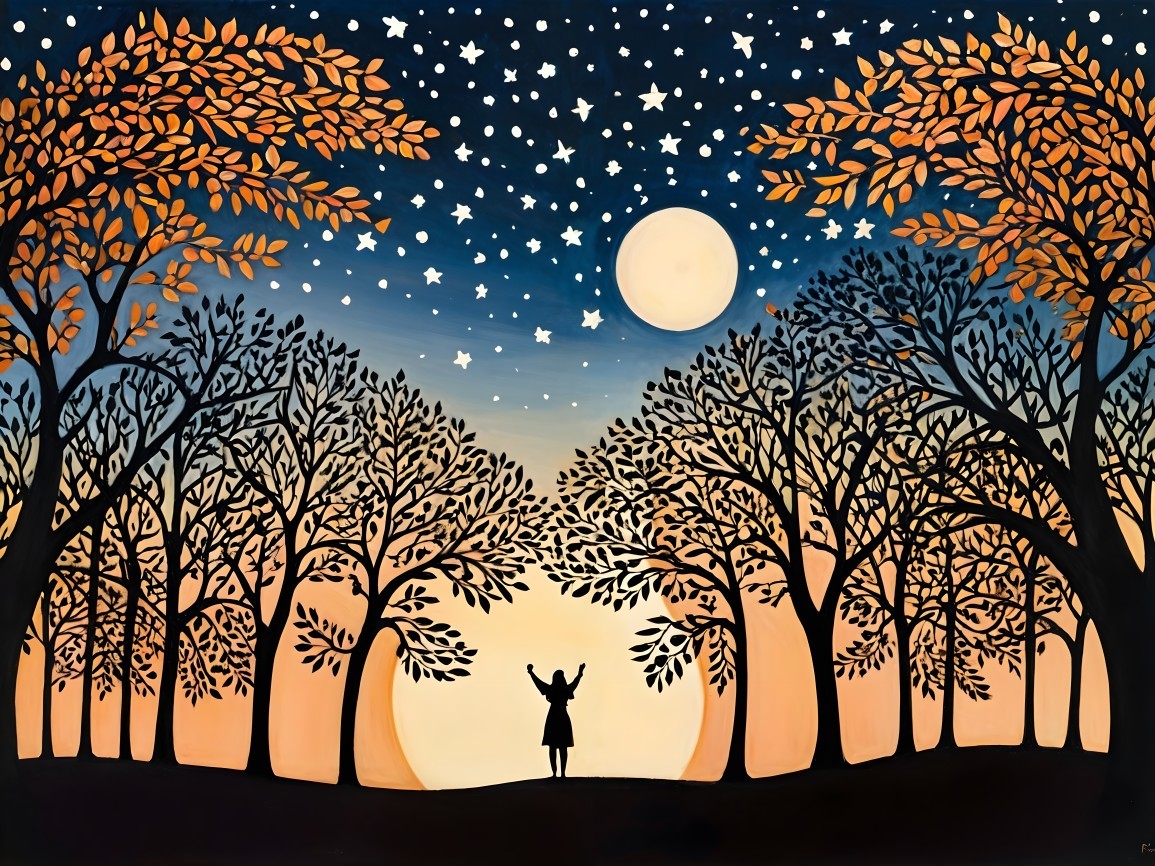 Twilight Landscape with Autumn Trees and Full Moon