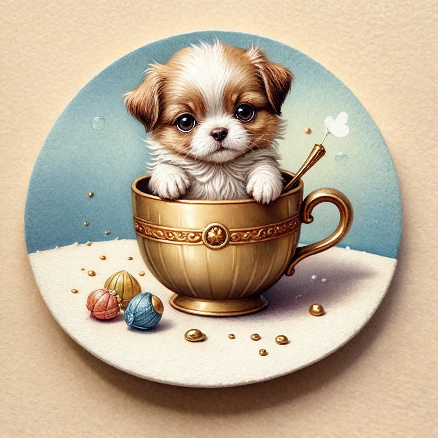 Fluffy Puppy in Teacup with Colorful Beads