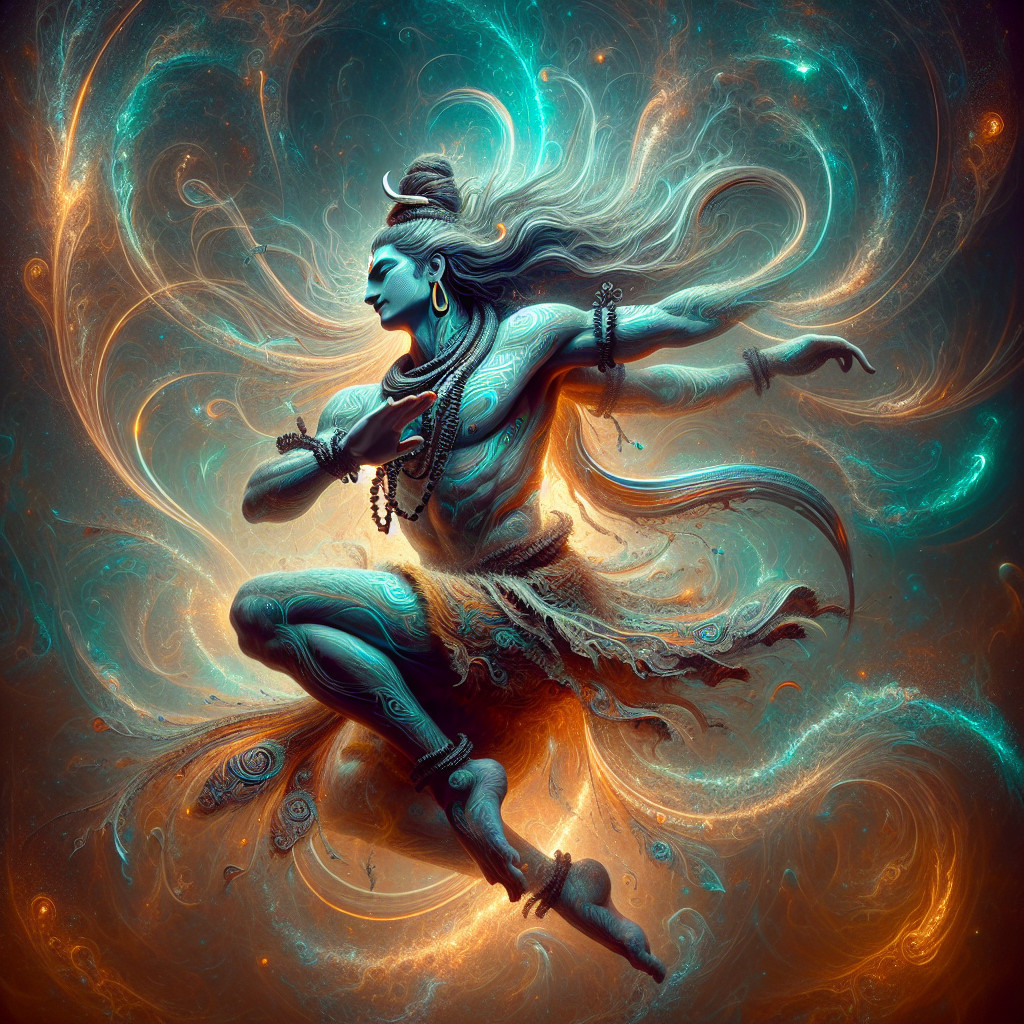 Celestial figure in dynamic dance with cosmic hues