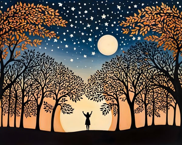 Twilight Landscape with Autumn Trees and Full Moon
