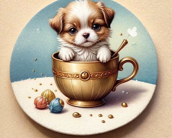 Fluffy Puppy in Teacup with Colorful Beads