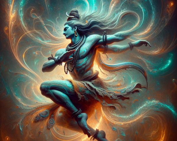 Celestial figure in dynamic dance with cosmic hues