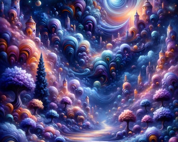 Surreal Landscape with Floating Castles and Vibrant Colors