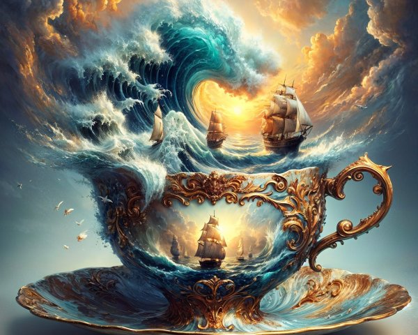 Ornate Teacup with Surreal Oceanic Scene Design