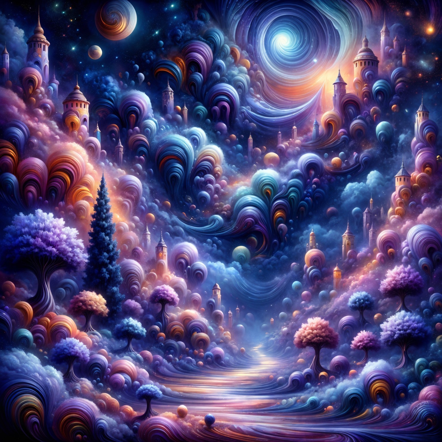 Surreal Landscape with Floating Castles and Vibrant Colors