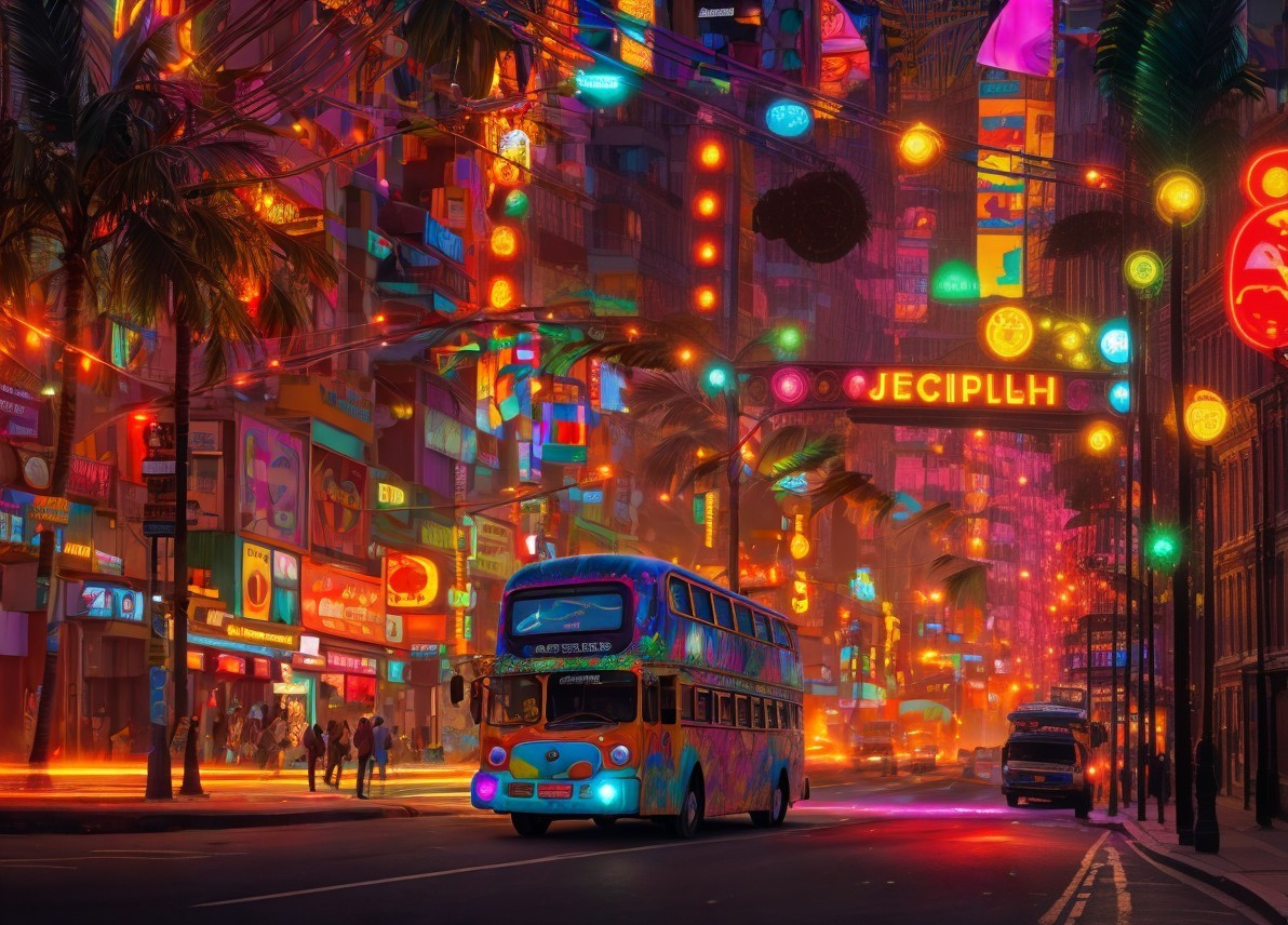 Colorful bus and neon signs illuminate vibrant city street at night