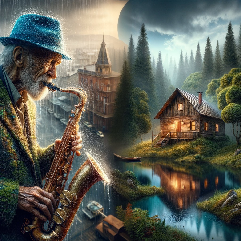 Elderly Man Playing Saxophone in Rainy Urban Scene