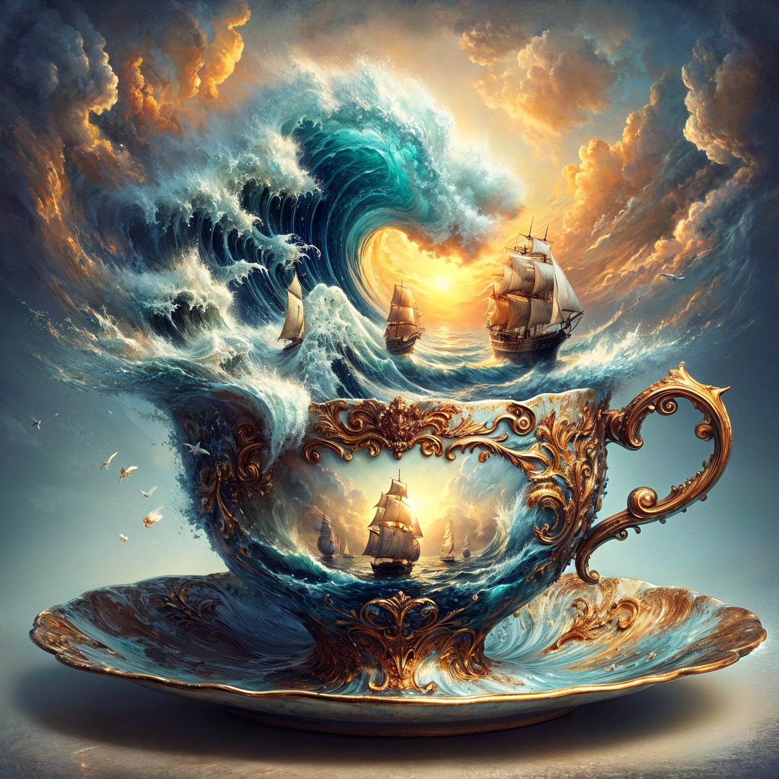 Ornate Teacup with Surreal Oceanic Scene Design