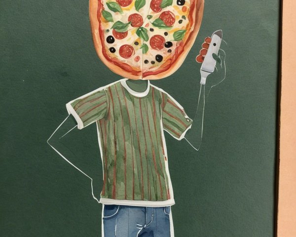 Pizza-Headed Creature in Striped Shirt and Jeans