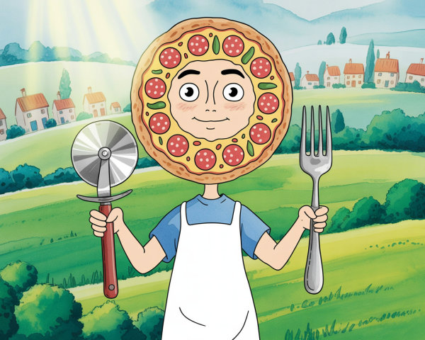 Cartoon Illustration of a Boy with Pizza Head Outdoors