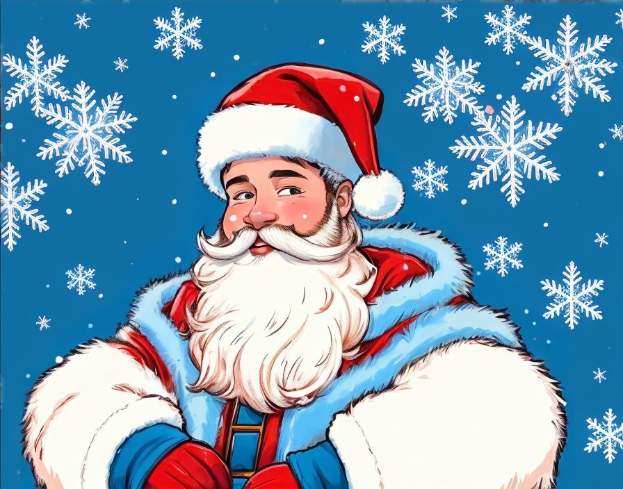 Cheerful Santa Claus Illustration with Snowflakes on Blue Background