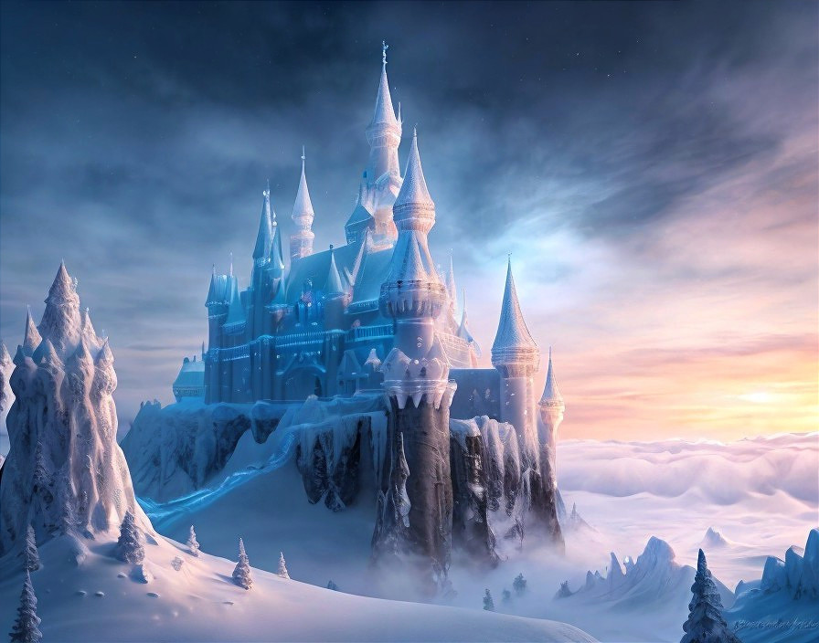 Snowy cliff castle with spires under soft sunset sky