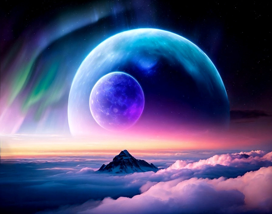 Surreal cosmic digital artwork with planets, auroras, and mountain peak