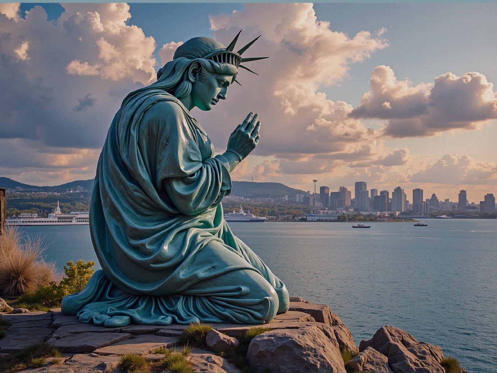Kneeling Statue by Water with Skyline and Hills