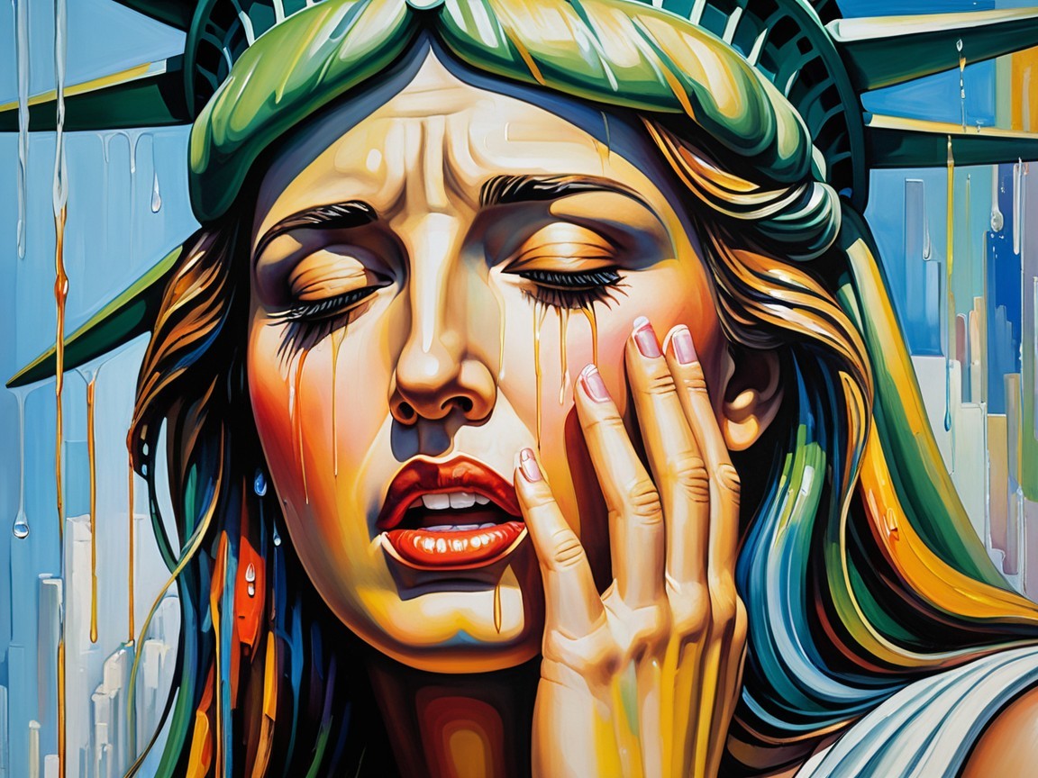 Statue of Liberty Artwork with Sorrowful Expression