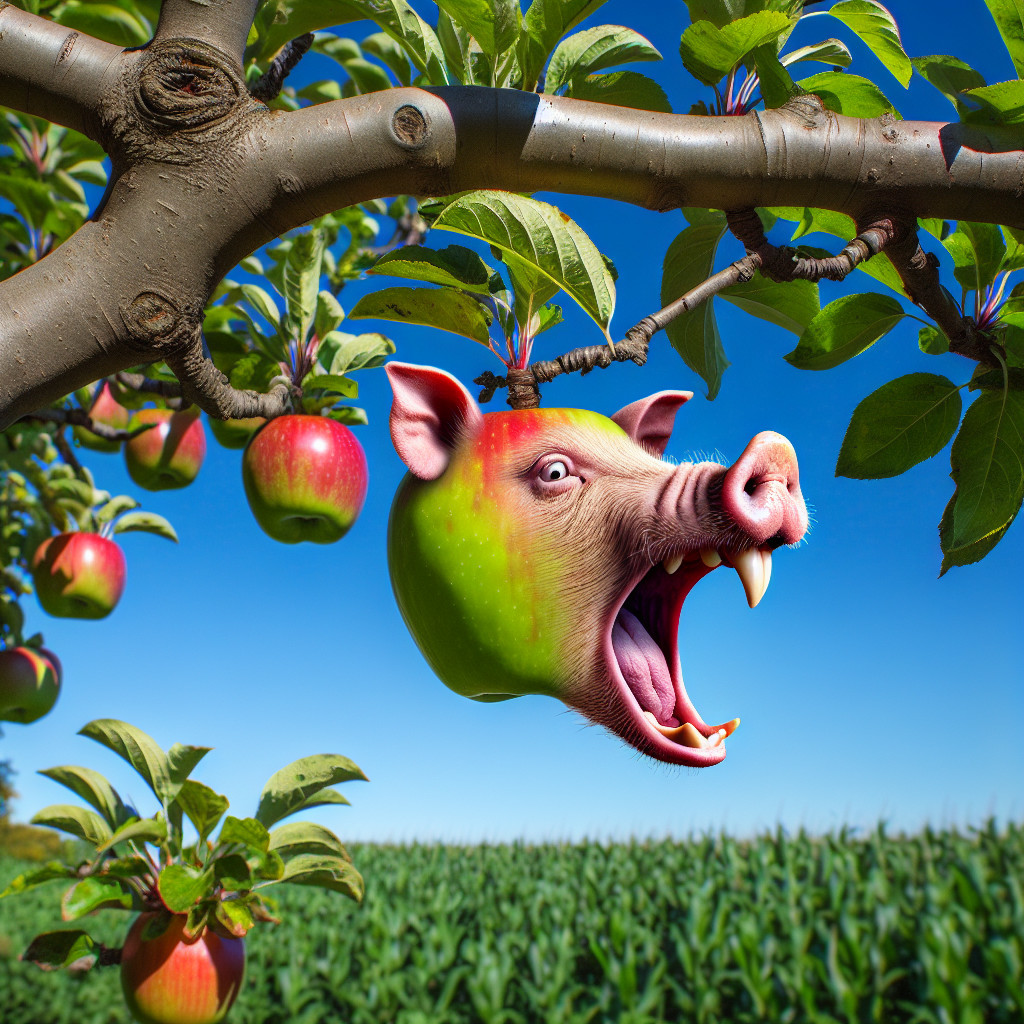 Surreal Scene of Pig's Head on Apple-Laden Branch