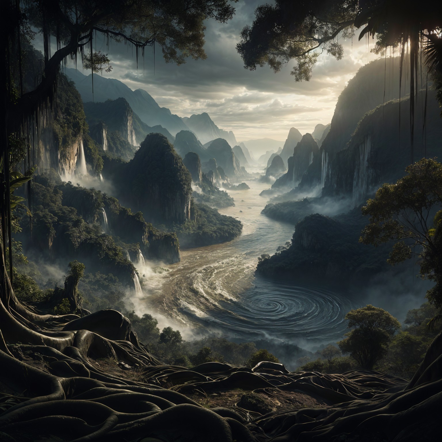 Lush Valley Landscape with Mountains and Waterfalls