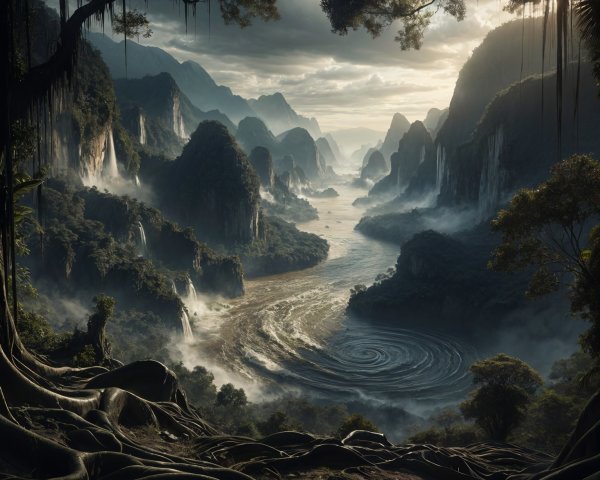 Lush Valley Landscape with Mountains and Waterfalls