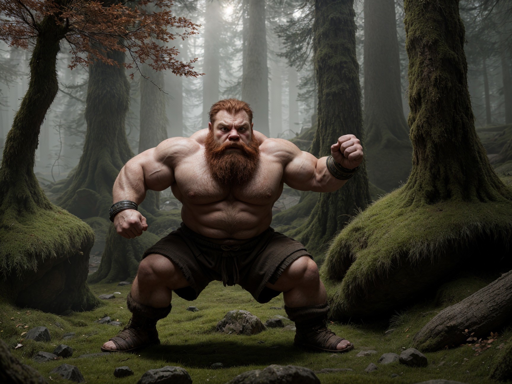 Muscled Warrior in Misty Forest with Ancient Trees