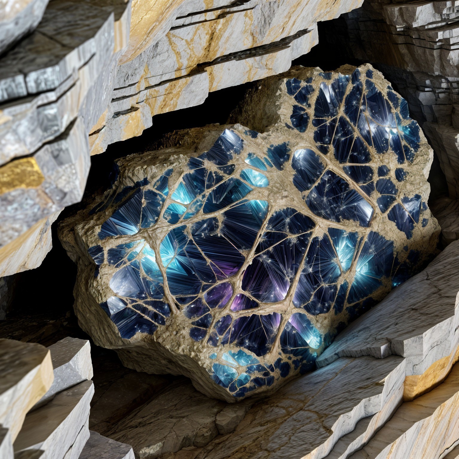 Large stone with crystalline formations in rocky layers