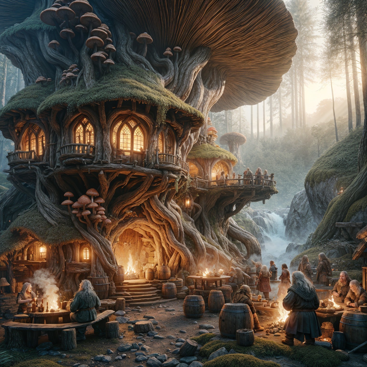 Whimsical Treehouse Village with Dwarven Gatherings