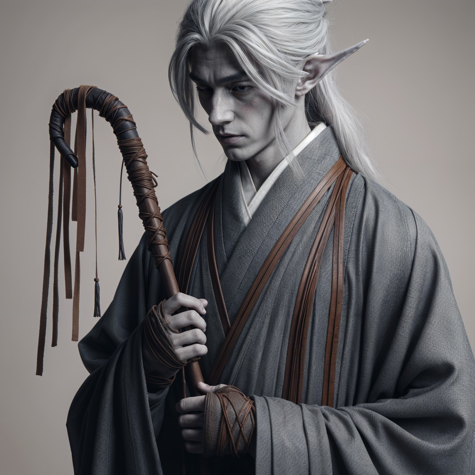 Young elf in flowing robe with curved staff