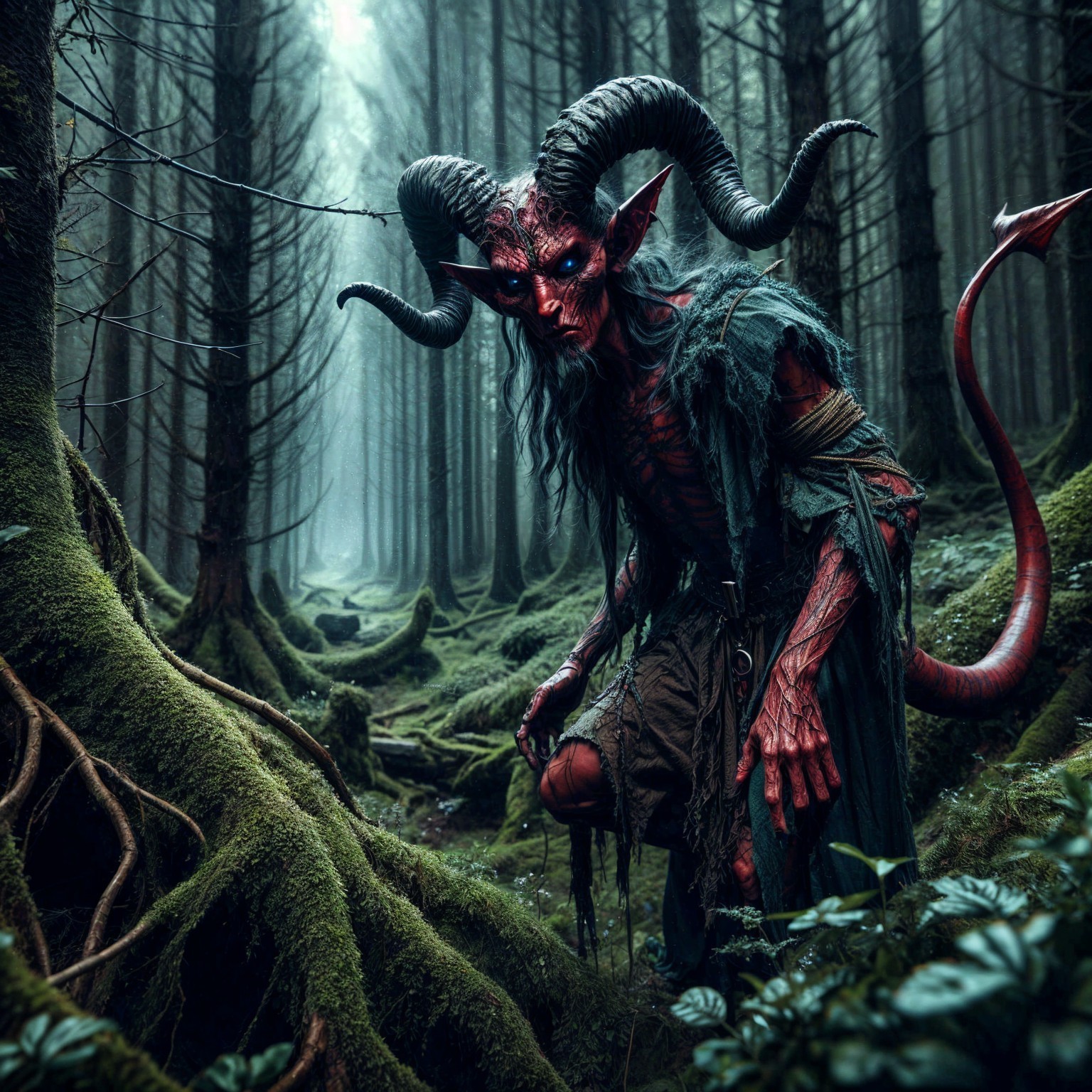 Demonic Figure in Misty Forest with Glowing Eyes