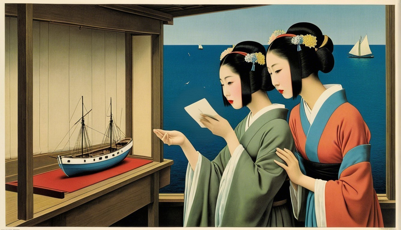 Elegantly Dressed Women by the Sea with Model Ship