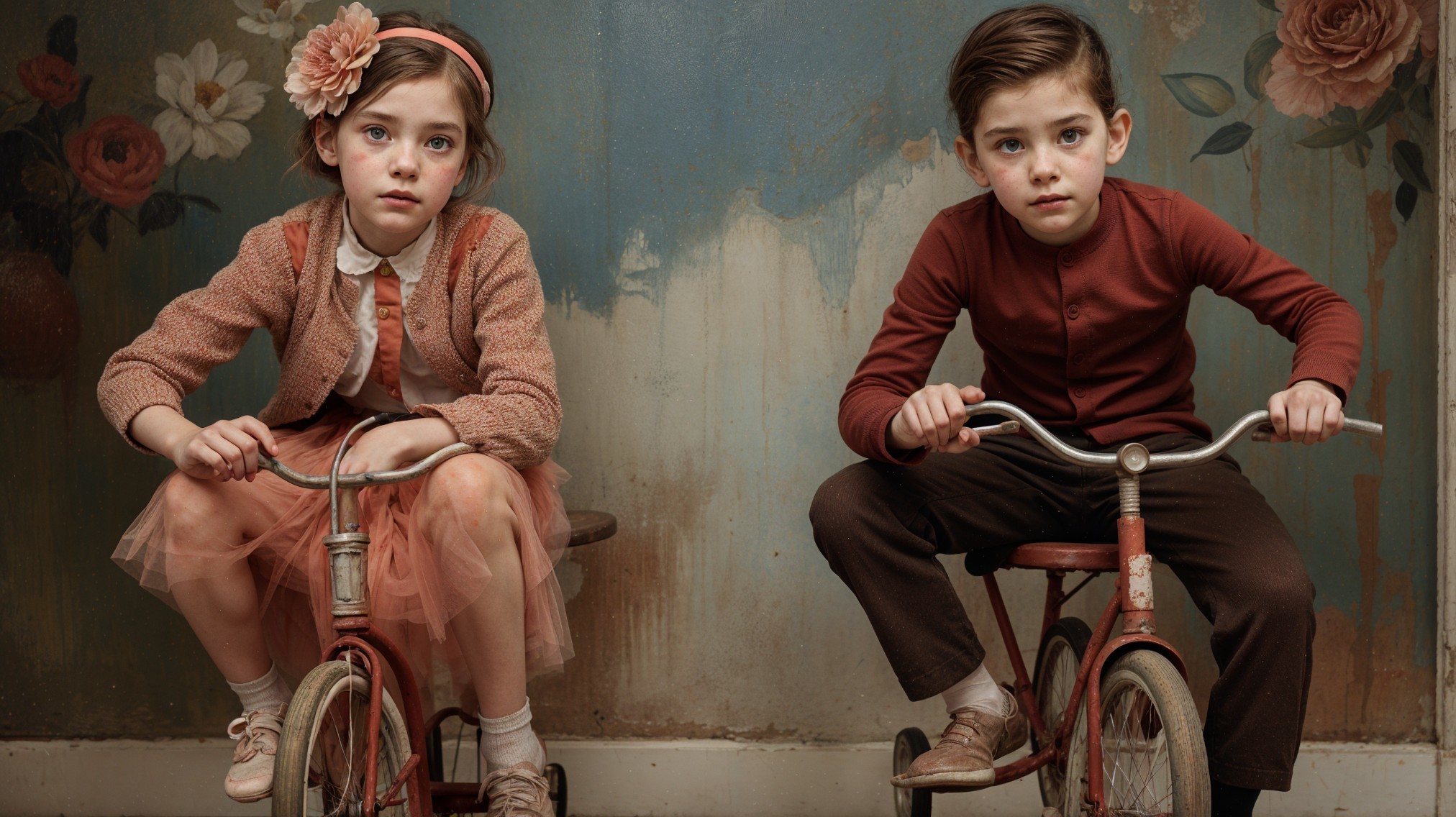 Children on Vintage Tricycles Against Textured Wall