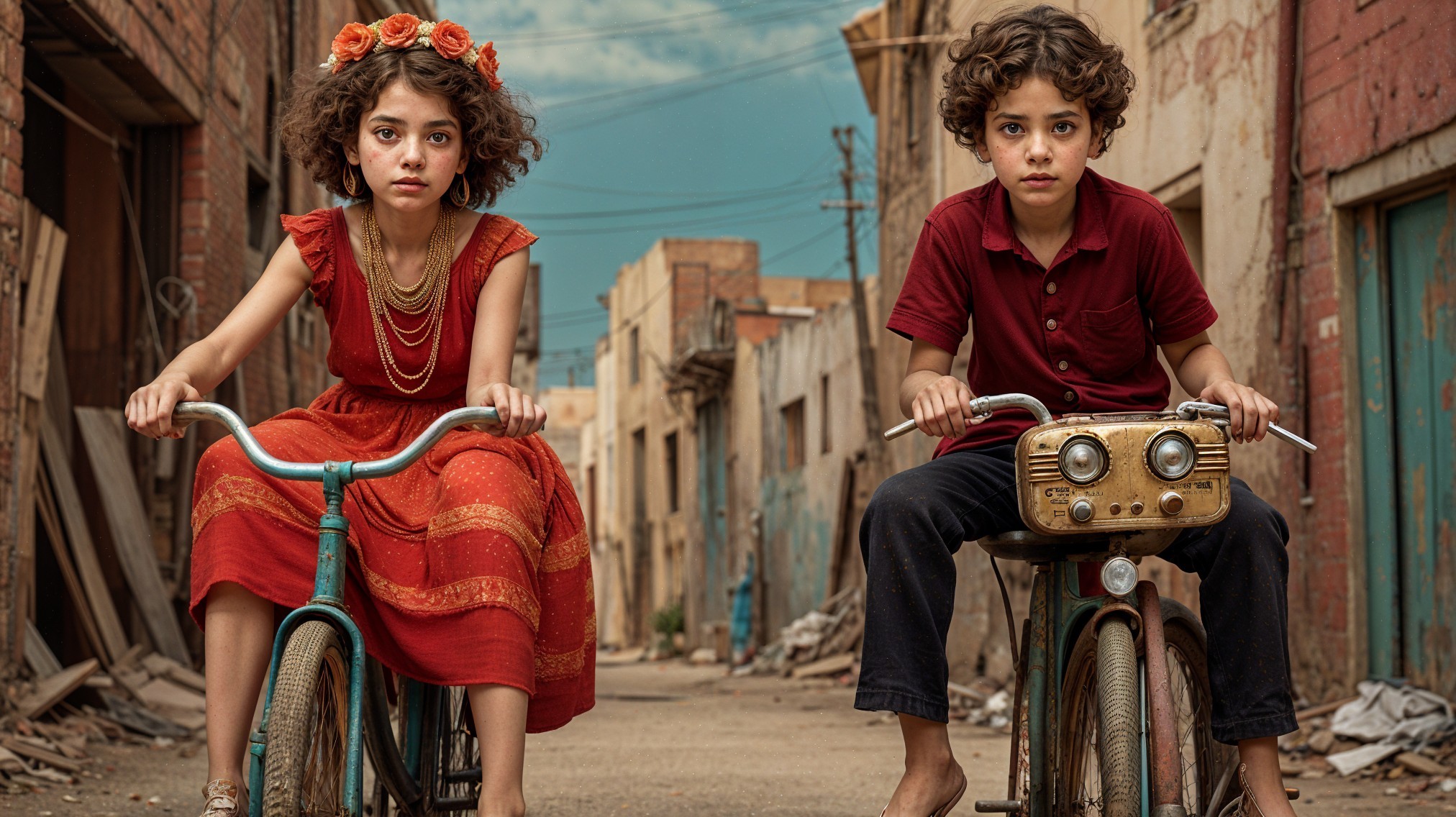 Children on Bicycles in a Weathered Alleyway
