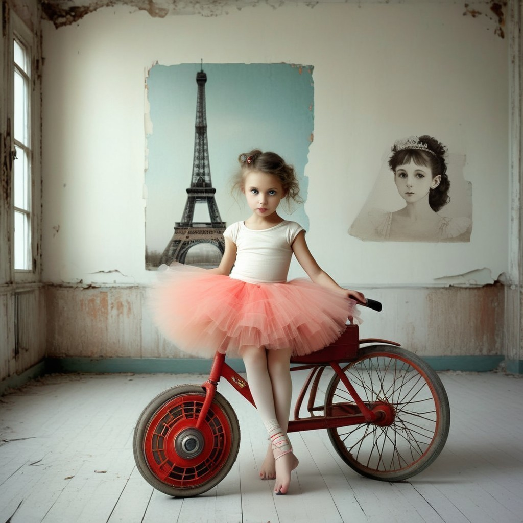Young girl in whimsical room with vintage tricycle