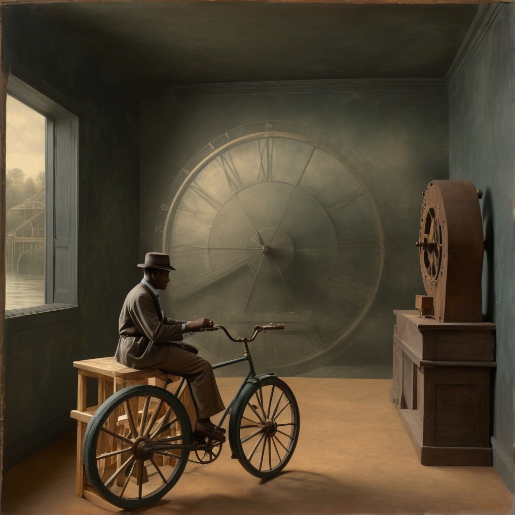 Solitary Man on Vintage Bicycle with Abstract Clock Backdrop
